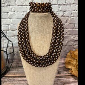 Vintage Style Chunky 3 Strand Glass Bead Necklace and Bracelet Set ITM781
